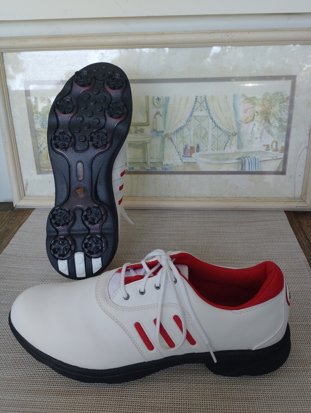 Adidas Golf "SSE Tech" White Leather/Red/Black 6-Spike (x10) Golf Shoes. Size 10